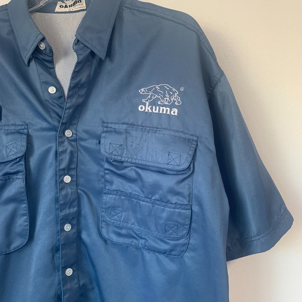 Okuma Large High Performance Fishing Utility Shirt Blue Vented Relaxed Pockets - Picture 3 of 9